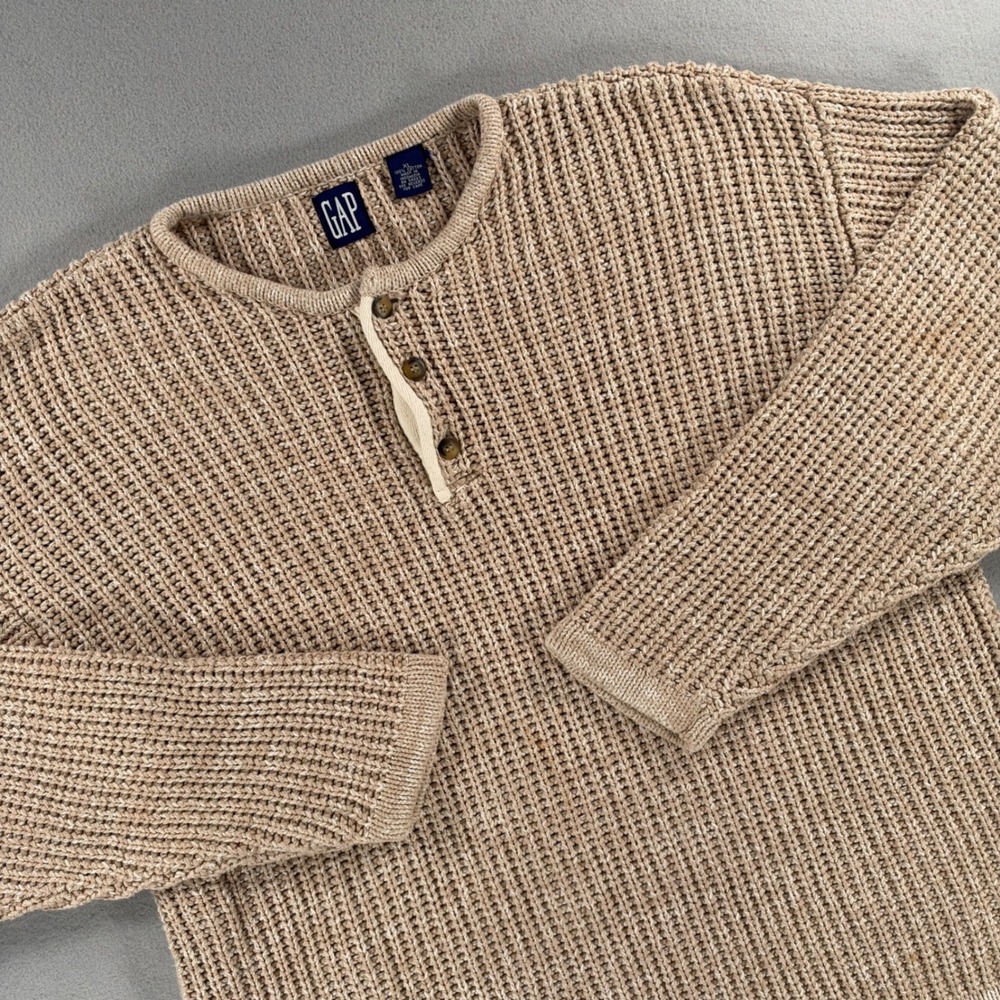 Vintage 90s GAP Chunky Knit Henley Sweater XL Tan Marl 3-Button Cotton Pullover